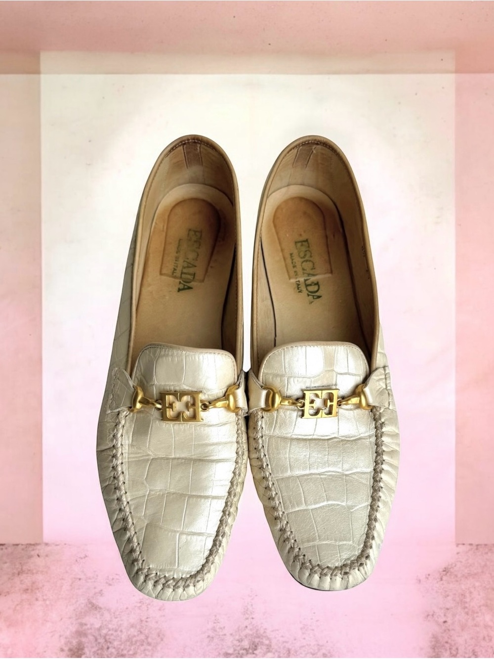 Escada Metallic Crocodile Embossed Leather Loafers Flats Cream